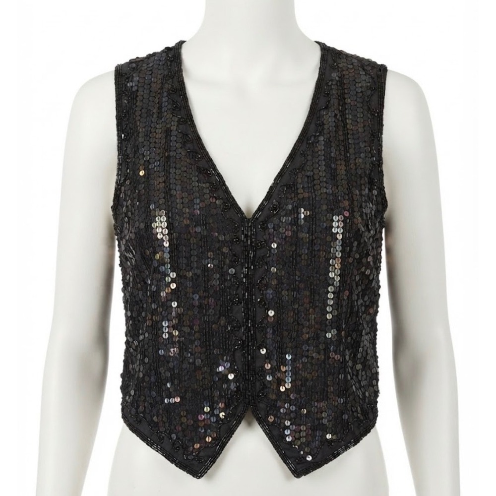 SNF Silk Sequin Vest Black Iridescent Beaded Sleeveless Top Medium Disco Glam